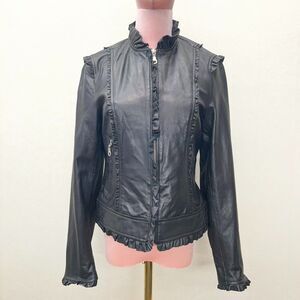 Kenna-T Y2K Black Leather Ruffle Full Zip Moto Jacket Womens Size M